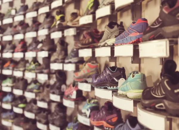 Image of sport colorful shoes on showcase of sports store